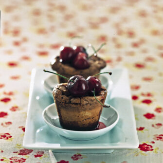 Due muffin al cioccolato fondente serviti su piattini bianchi, guarniti in superficie con ciliegie fresche intere e una leggera colata di sciroppo.