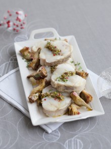 L’arrosto di rana pescatrice con pistacchi e carciofi