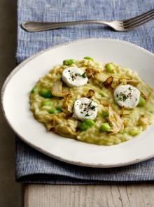 Risotto con fave e carciofi mantecato al caprino