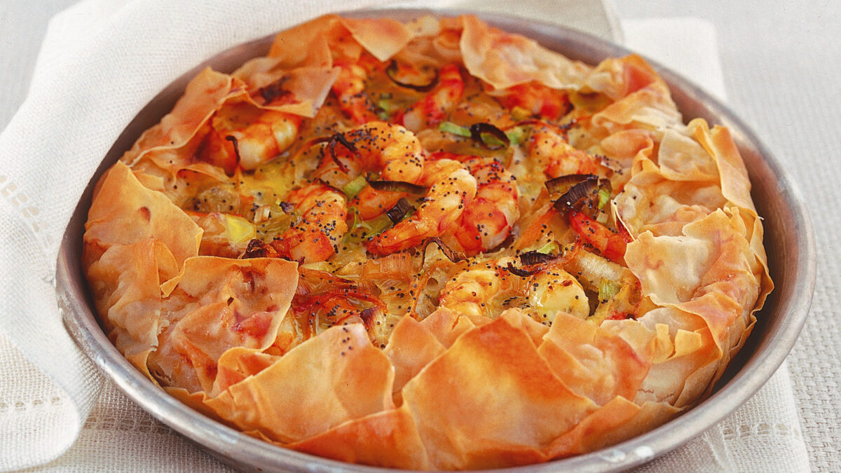 La torta con porri, arancia e gamberi