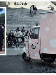 Pizza e mortazza. Questo Ape car rosa a pois bianchi, di grande successo a Roma, gira per la capitale distribuendo focacce farcite con ottima mortadella.