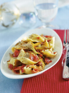 tortelli di coniglio con carciofi e bacon croccante Sale&Pepe