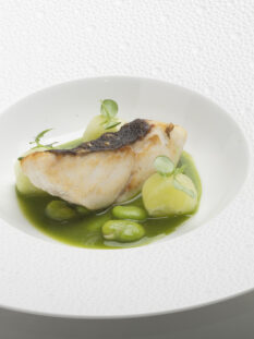 Rombo arrosto, salsa di cetrioli e fave. Foto: Paolo Picciotto.