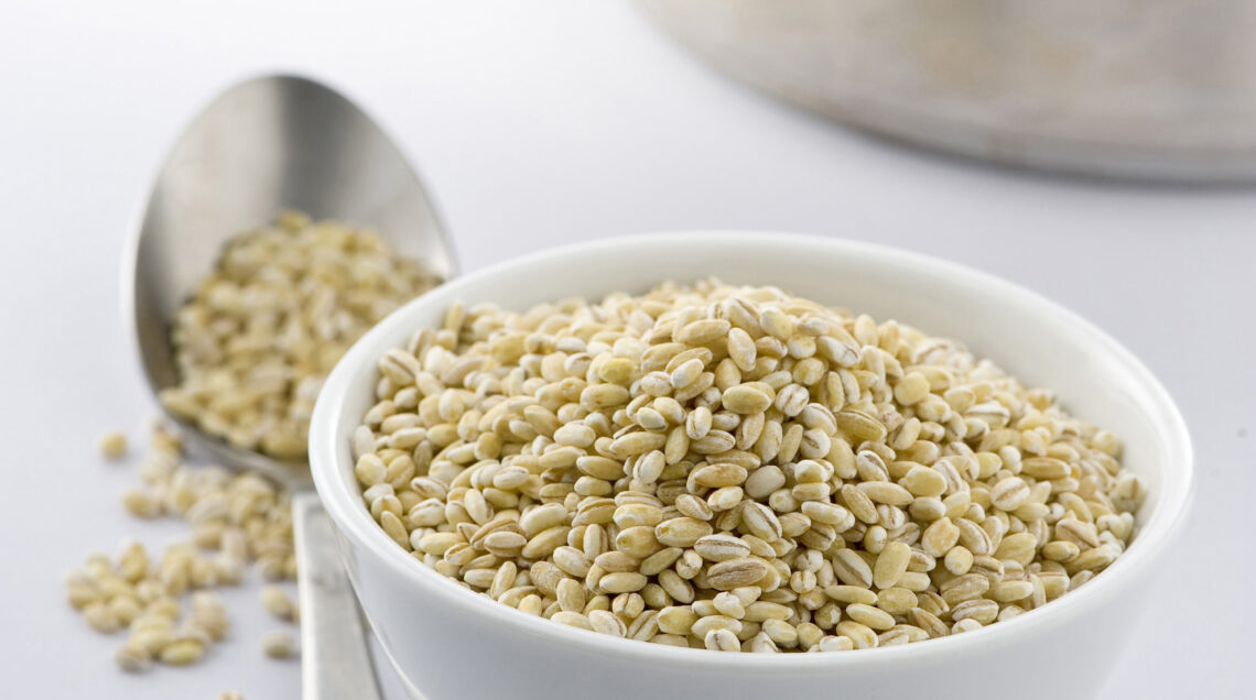Ciotola di farro perlato bianco su sfondo neutro.