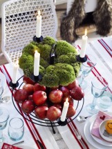 Close up of Christmas place setting with candles and fruits