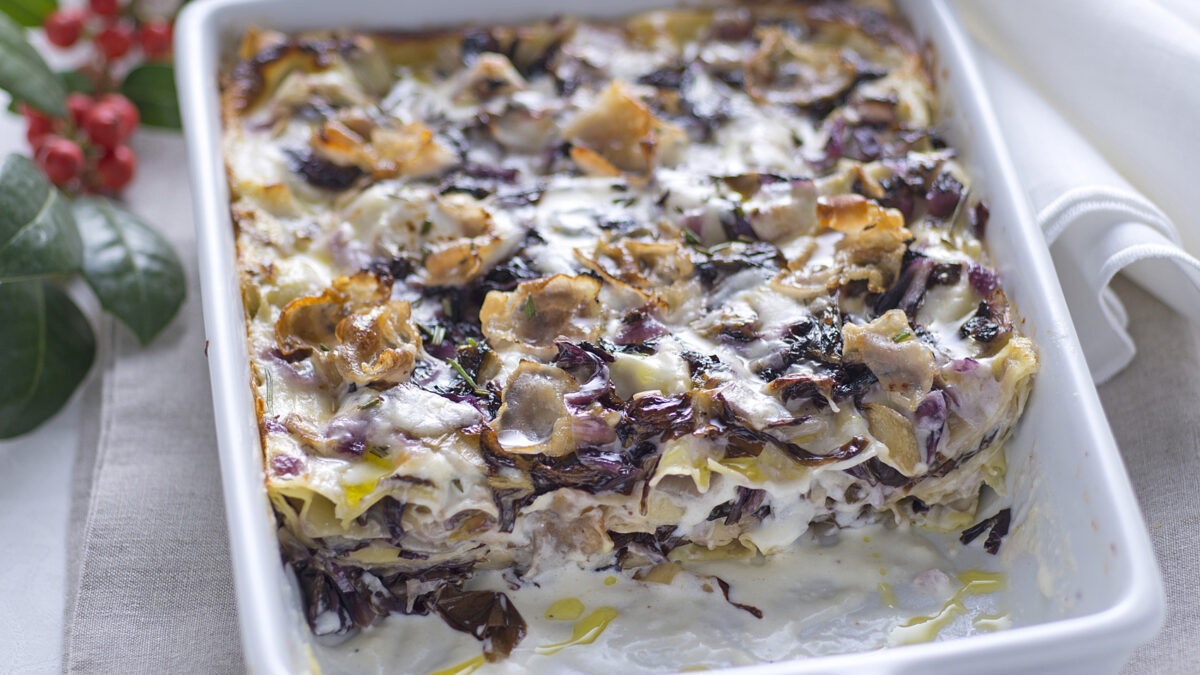 Lasagne con radicchio, fonduta di grana e lardo d’Arnad