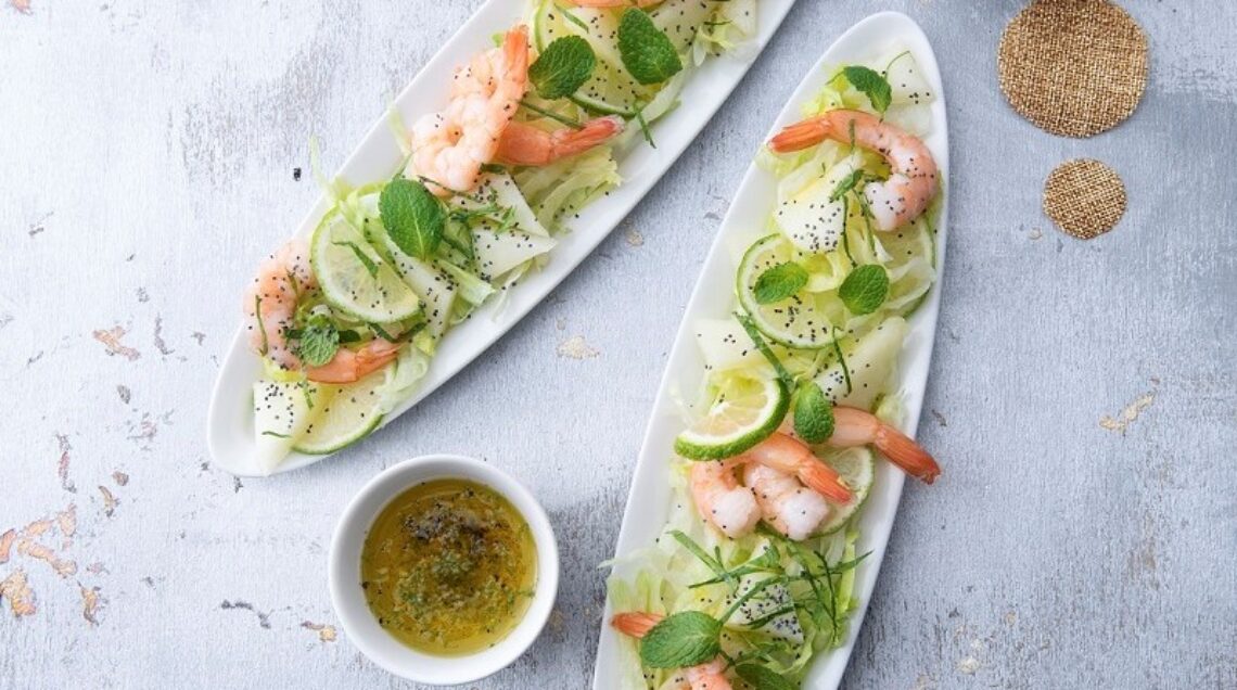 Insalata di gamberi, melone e iceberg al profumo di lime e menta