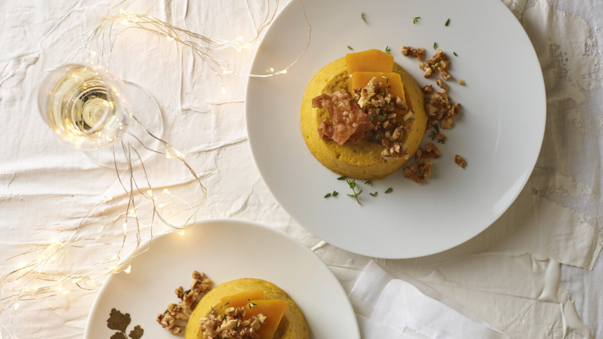 Flan di zucca, lardo e noci