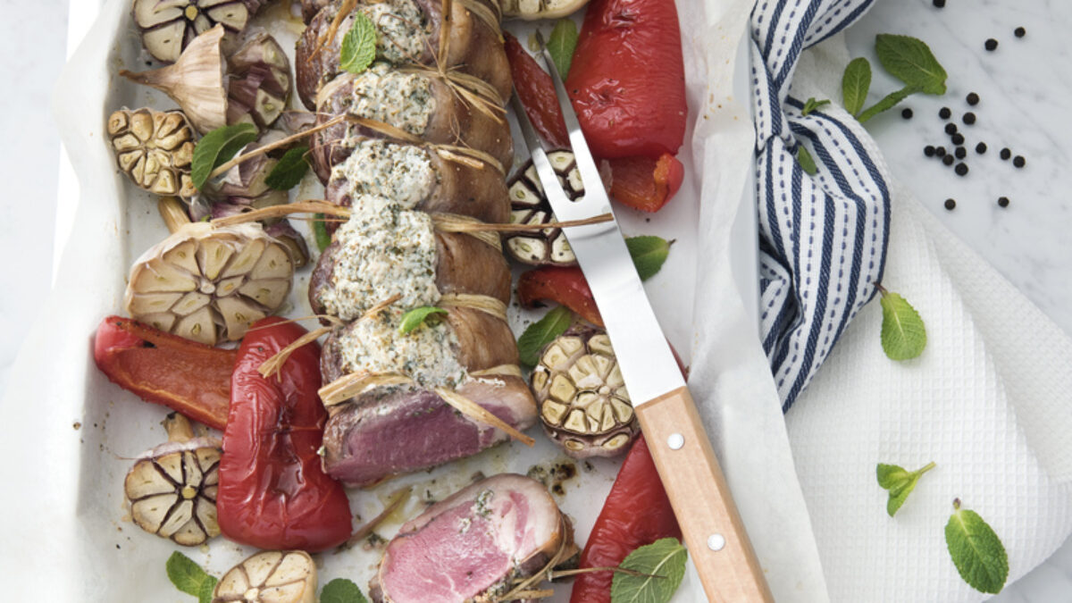 Sella di agnello al formaggio di capra e menta