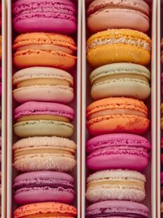 Top view of colorful macarons in rows in box