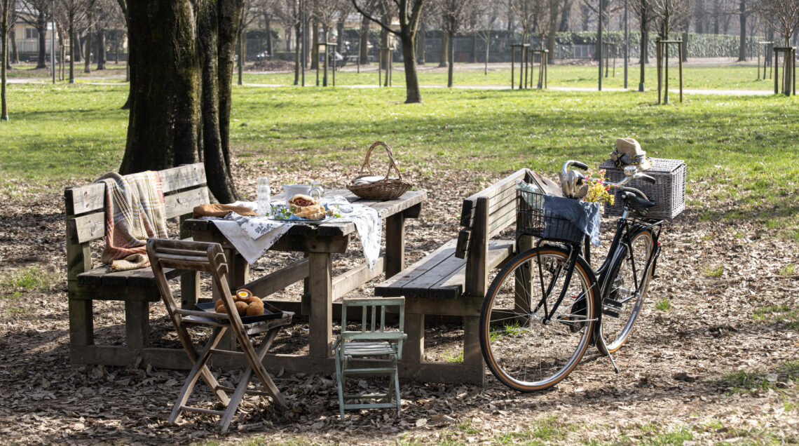 tavolo in legno per picnic in mezzo a un parco con una bicicletta e sedie in legno