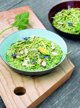 Risotto con zucchinette, fiori e mandorle al pesto