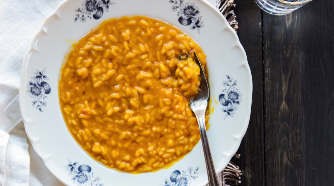 Risotto carnaroli con zucca di Dorno e sciroppo di mostarda di Voghera