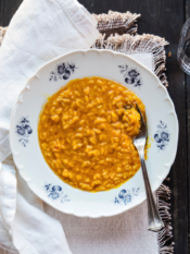 Risotto carnaroli con zucca di Dorno e sciroppo di mostarda di Voghera