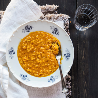 Risotto carnaroli con zucca di Dorno e sciroppo di mostarda di Voghera