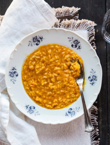 Risotto carnaroli con zucca di Dorno e sciroppo di mostarda di Voghera