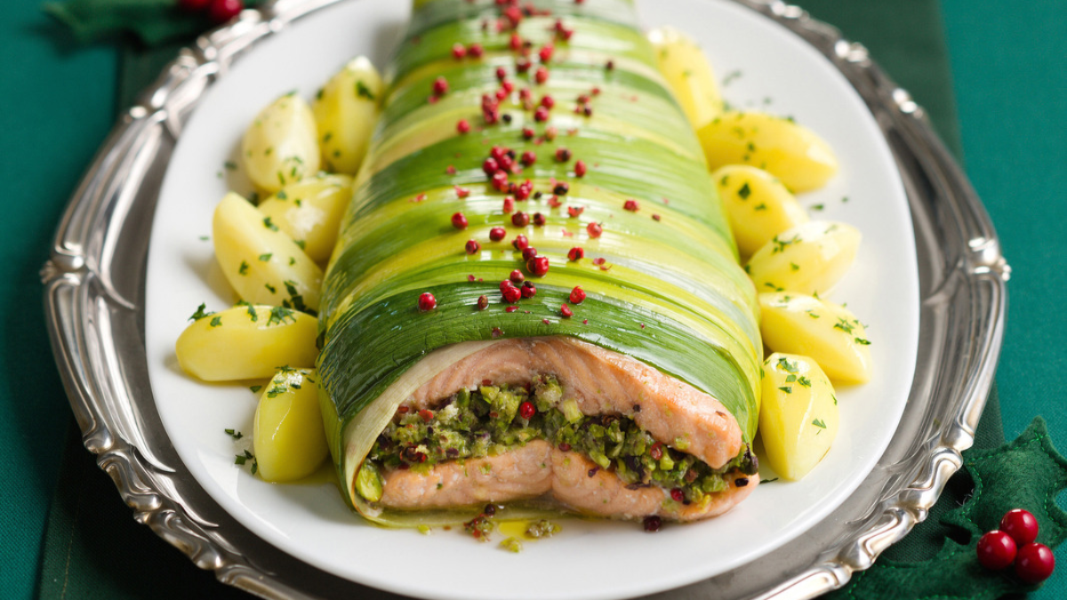 Salmone ai pistacchi in fascia di porri