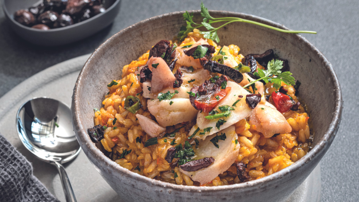 Risotto alla zucca e baccalà con olive taggiasche