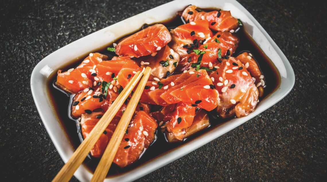 Salmon Sashimi in Marinade w/ Tamari Sauce