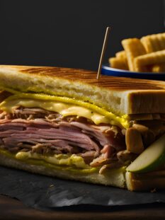 Sandwich with ham, cheese, apple and french fries