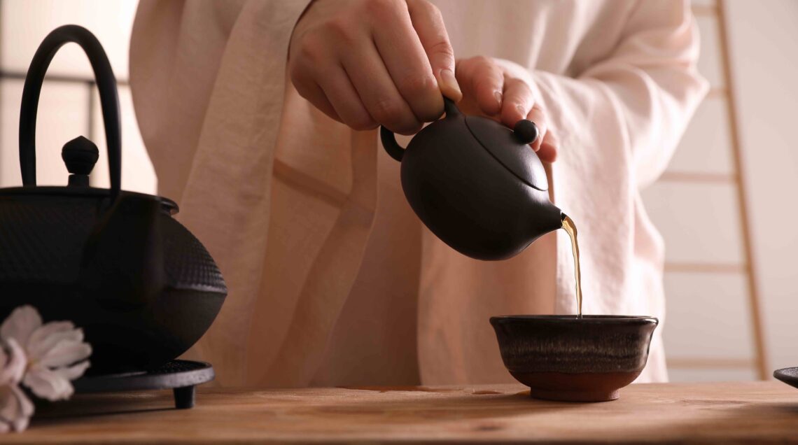 Traditional tea ceremony at table, Japan