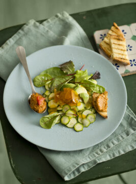 Insalata di zucchine novelle, avocado e bottarga con pesto rosso