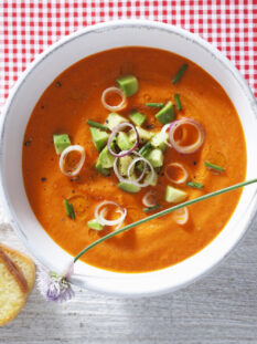 ciotola di gazpacho con crostino di pane su ripiano bianco con tovaglia a quadretti bianchi e rossi