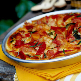 CLAFOUTIS DI PEPERONI E GAMBERI