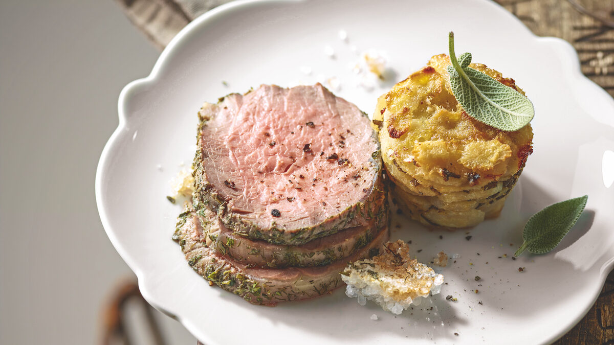 Roast beef al sale e sformatini di topinambur