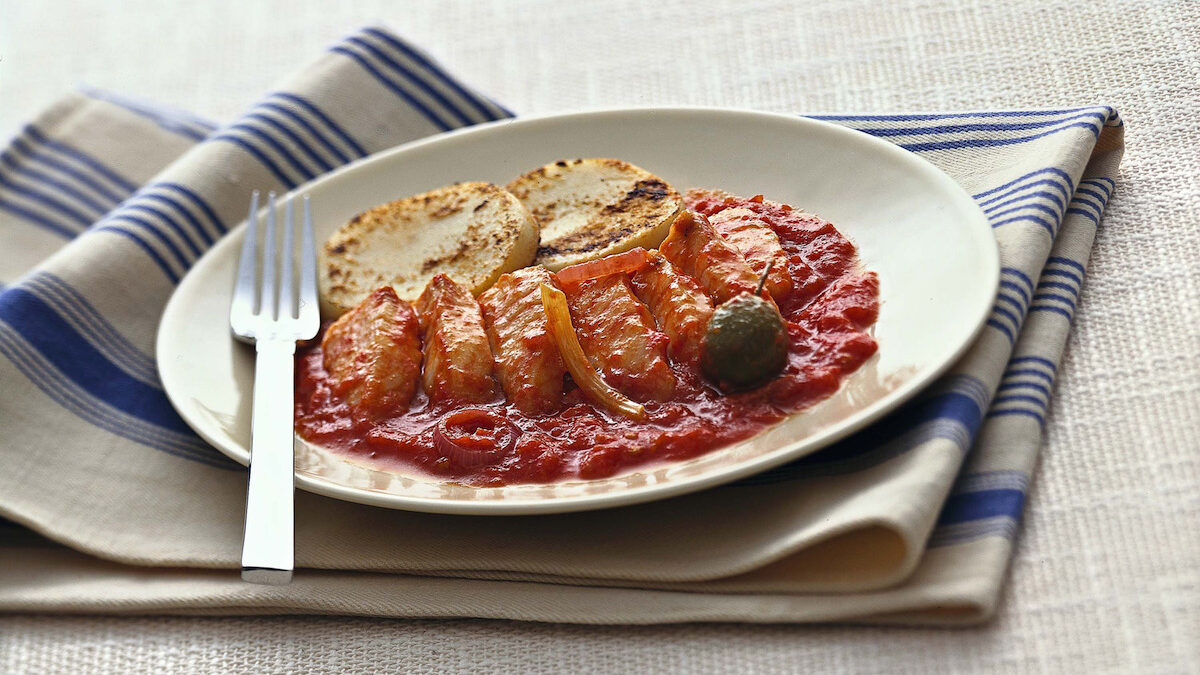Baccalà al pomodoro con crostini di polenta