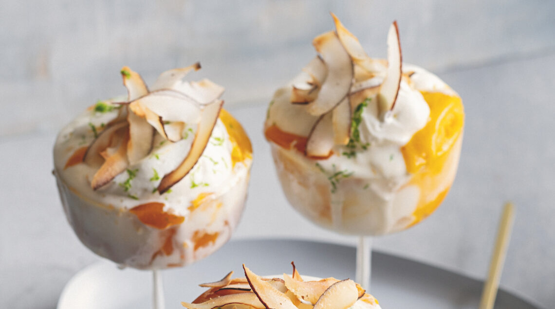 Paciugo al cocco e mango con albicocche e yogurt al lime