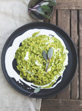 Risotto al pesto di salvia e spinaci con stracciatella