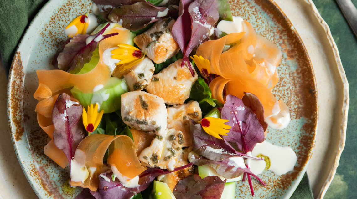 Bull's blood con pollo, verdure e salsa d'aglio