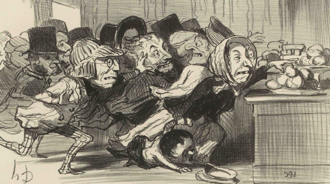 Voyageurs affamés se précipitant vers le buffet d'une station