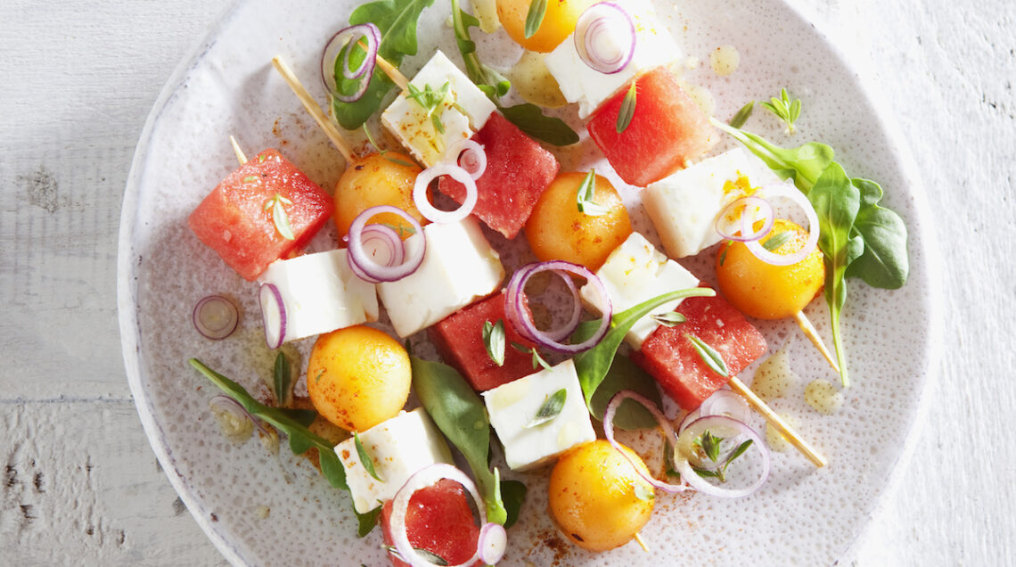 Spiedini di anguria, feta e melone