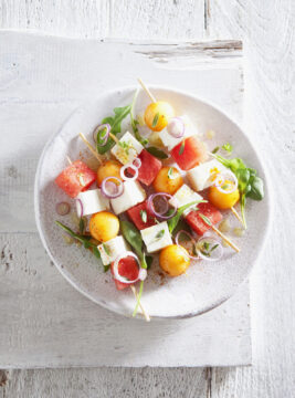 Spiedini di anguria, feta e melone