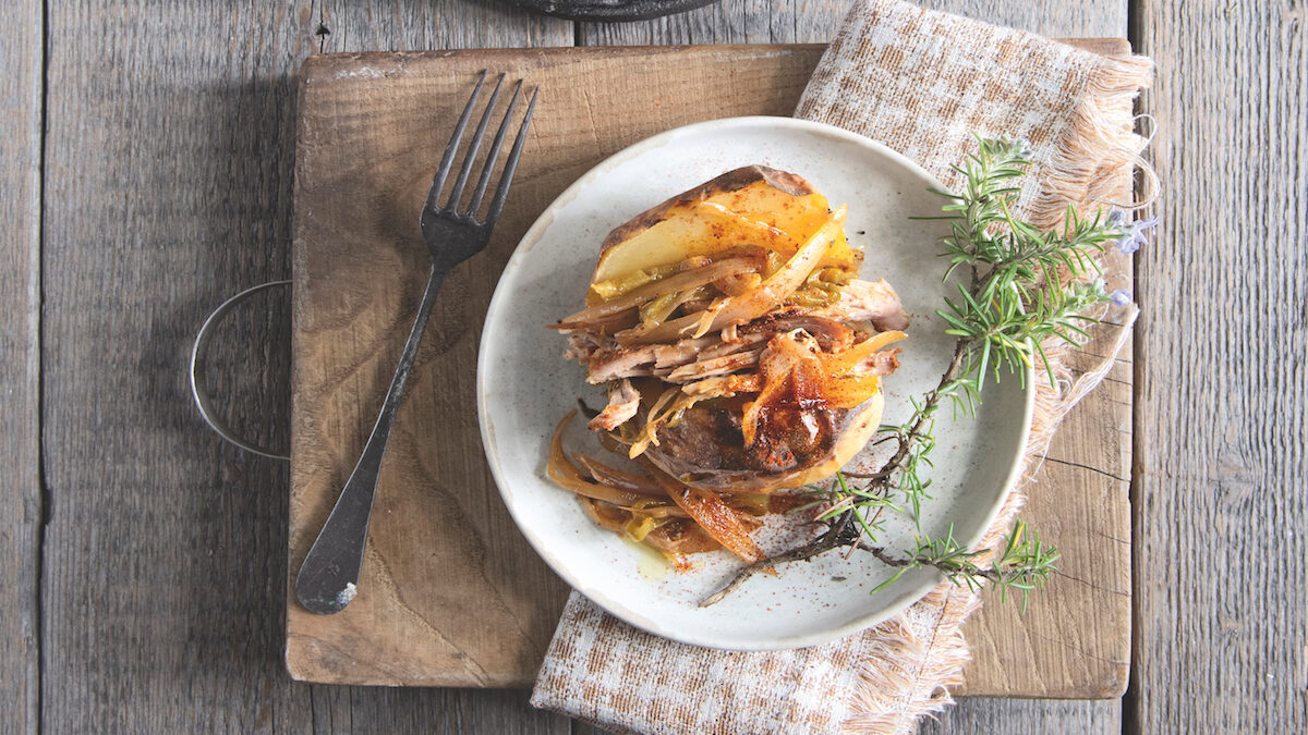Pulled turkey con patate e verdure