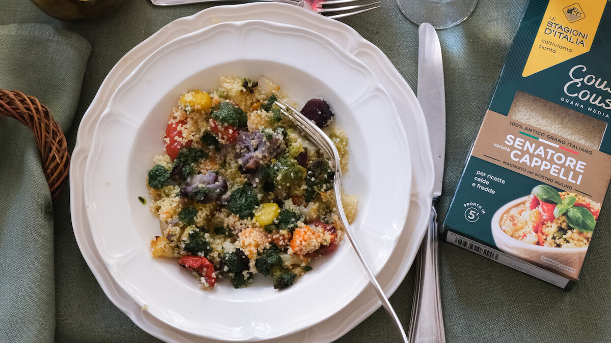 Cous cous con verdure invernali al forno e coulis di basilico
