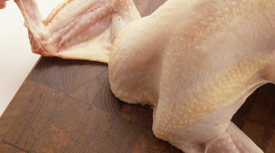 pollo crudo sul tagliere con ali aperte