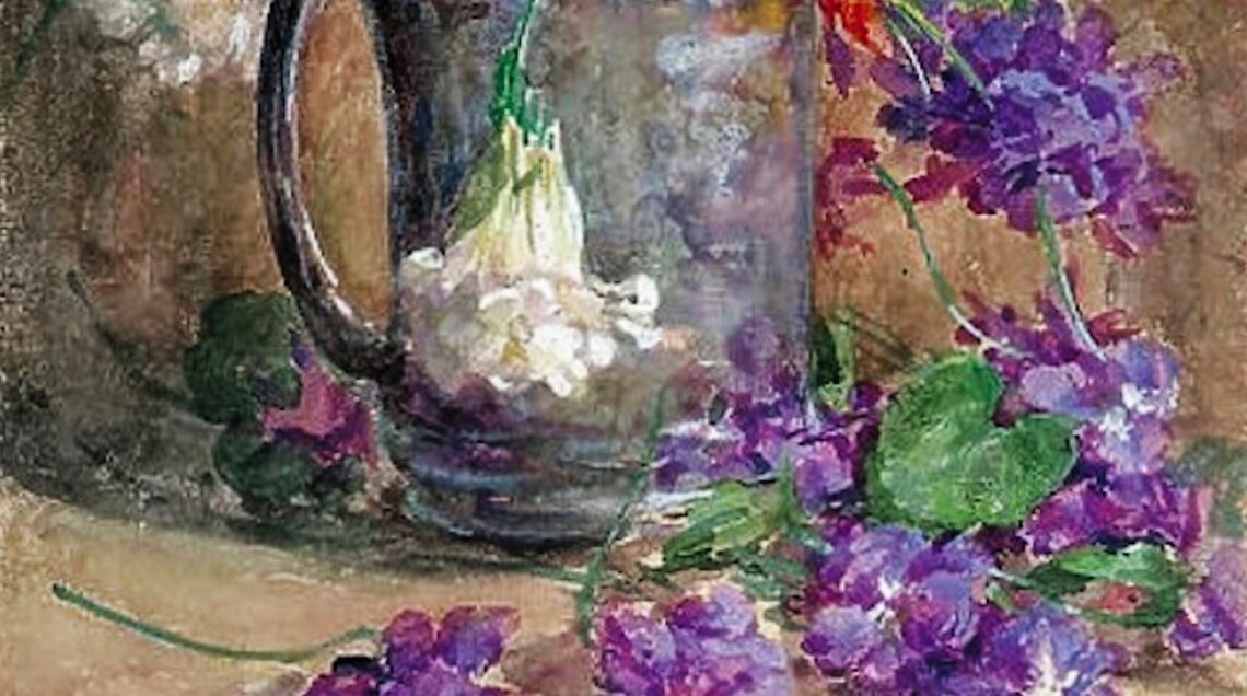 Violet_flowers_in_jug_J_Salmon_postcard
