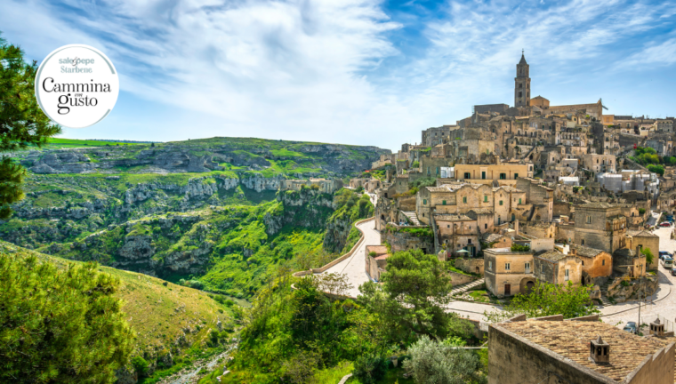Veduta panoramica di Matera con i Sassi arroccati sulla destra e il profondo canyon verde della Gravina sulla sinistra, sotto un cielo azzurro con nuvole velate