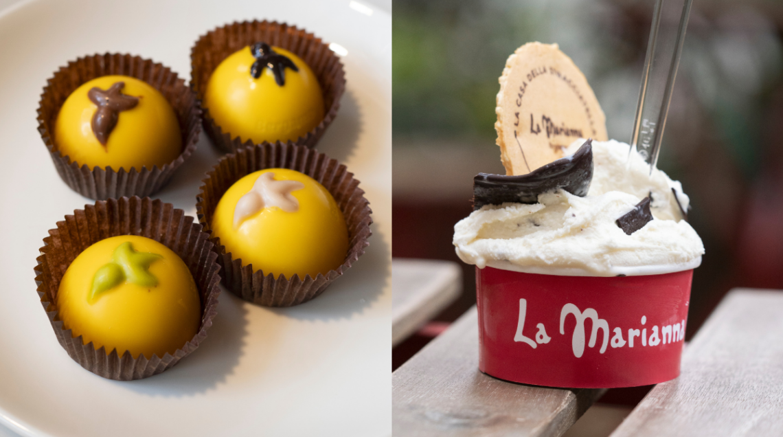 Collage fotografico con dolcetti "Polenta e Osei" a sinistra e un cono gelato alla stracciatella della gelateria La Marianna a destra.