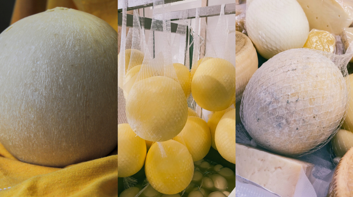 Collage di forme sferiche di formaggio Pallone di Gravina: una forma singola, altre appese nelle reti per la stagionatura e alcune esposte sul banco