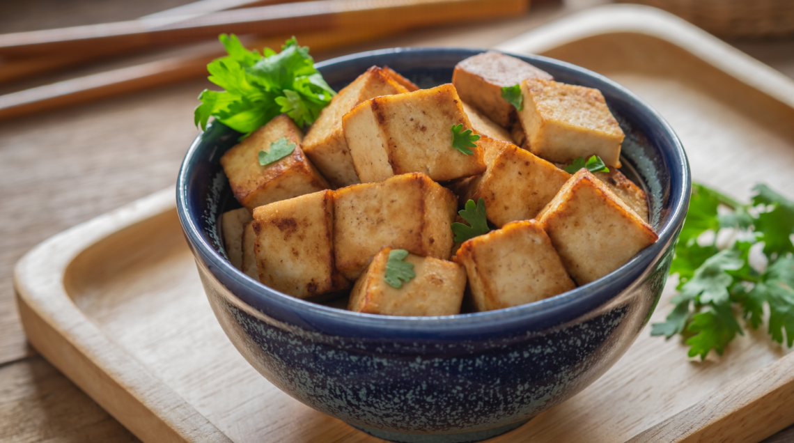 Cubetti di tofu dorati e croccanti in una ciotola blu guarniti con prezzemolo fresco.