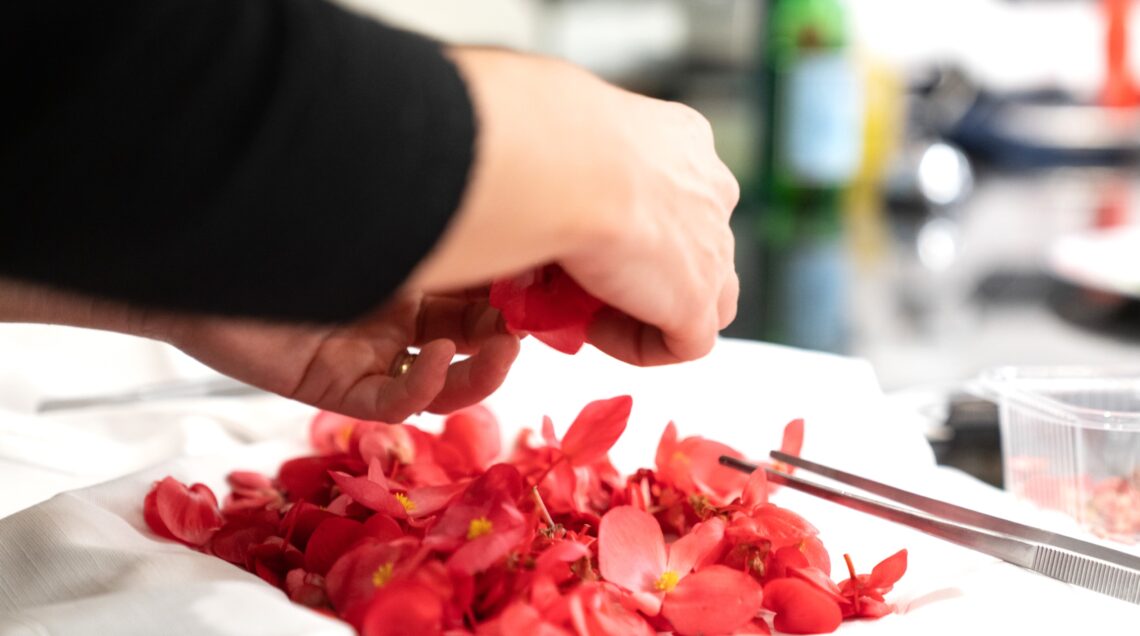 Mani di uno chef che preparano petali di begonia rossa su una superficie bianca con pinzette da cucina