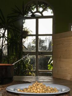 ceci su tavolo con alle spalle cassetta di cottura