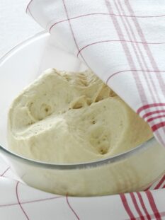 impasto in lievitazione in una ciotola semicoperto da un telo