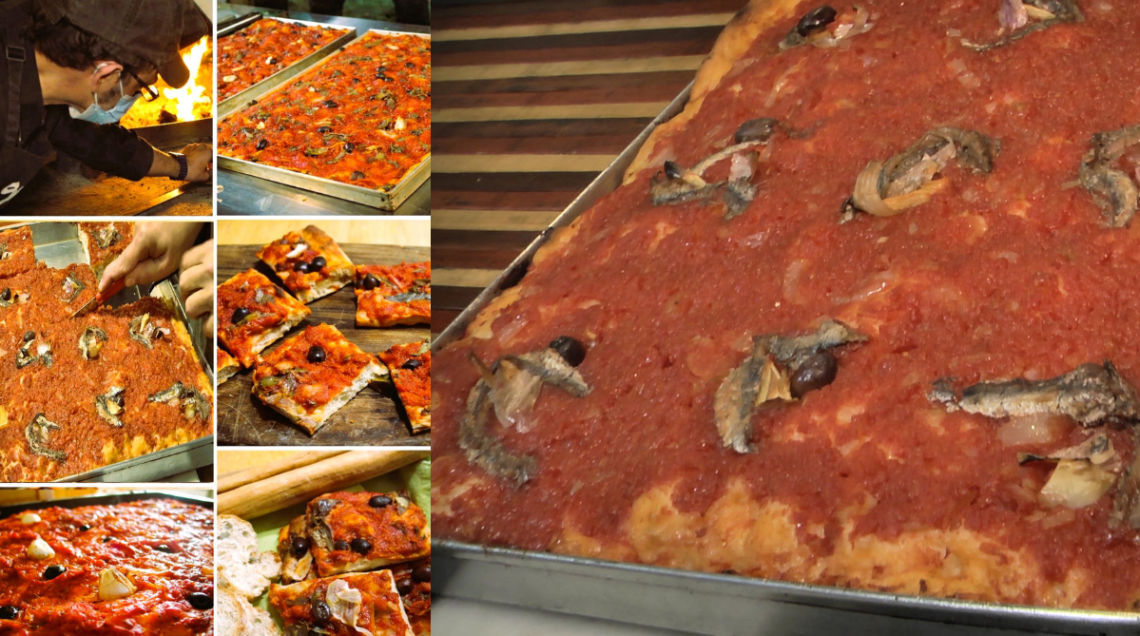 Collage fotografico che mostra diverse fasi della Sardenaira: la teglia intera, il dettaglio del condimento e i tranci pronti al taglio.