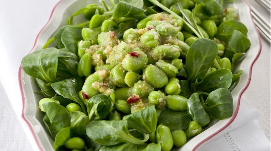 ciotola con insalata di fave su un tavolo