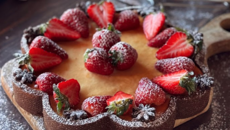 Crostata di frolla al cacao con cuore di fragole, crema di ricotta e decorazione di frutta